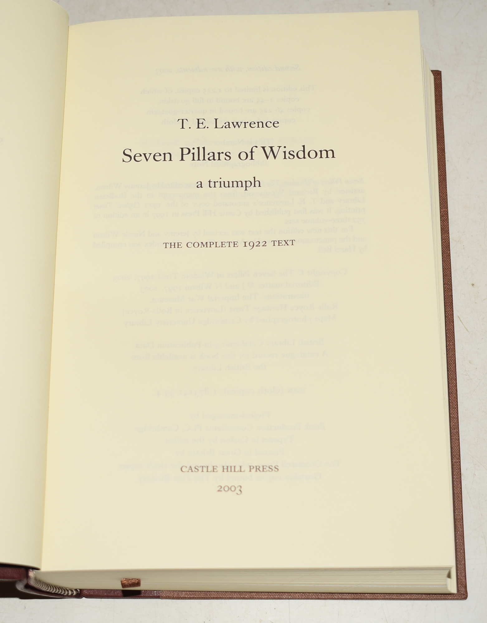 Seven Pillars of Wisdom. Limited copy Number 214 A Triumph, the complete 1922 'Oxford' text, limited one-volume edition, hand-numbered copy #214, one of 180 issued thus in quarter Nigerian goatskin.