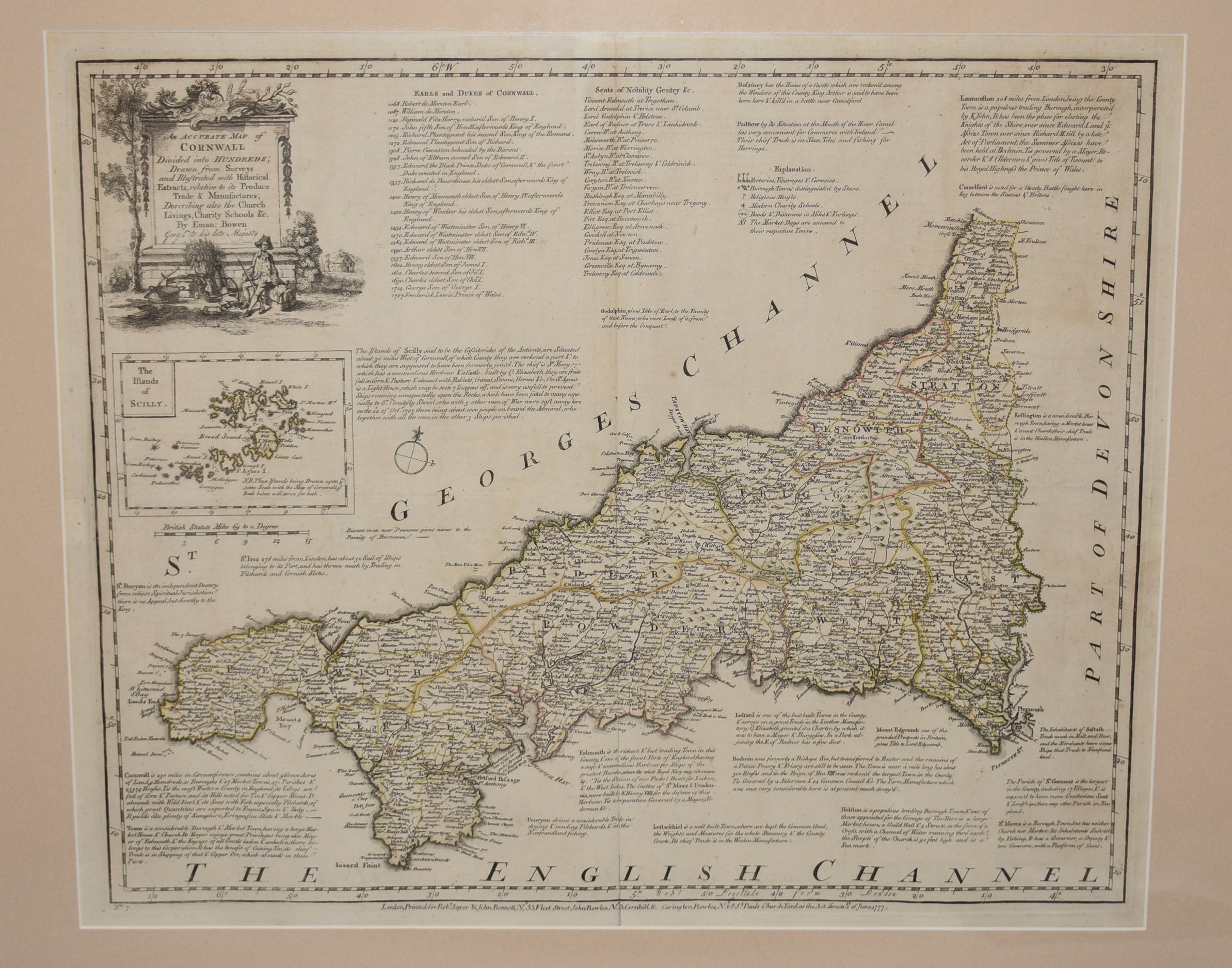 Original Engraved Antique Map of Cornwall. An Accurate Map of Cornwall, Divided into its Hundreds. Drawn from the best Authorities, assisted by the most approved Maps and Charts with various Improvements illustrated with Historical Extracts relative to its Produce, Manufactures, Trade, describing al