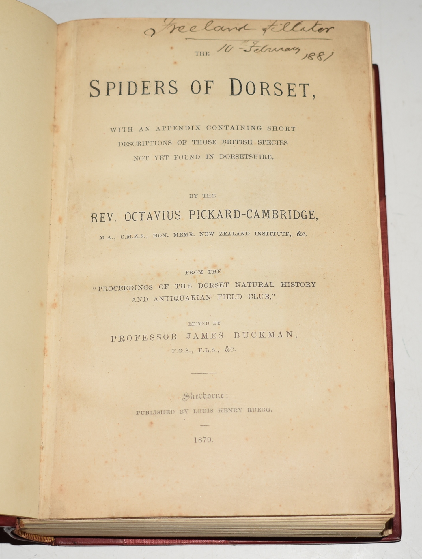The Spiders Of Dorset, With An Appendix Containing Short Descriptions Of Those British Species Not Yet Found In Dorsetshire. From The “Proceedings Of The Dorset Natural History And Antiquarian Field Club.” Edited by Professor James Buckman. Two Parts Bound In One.