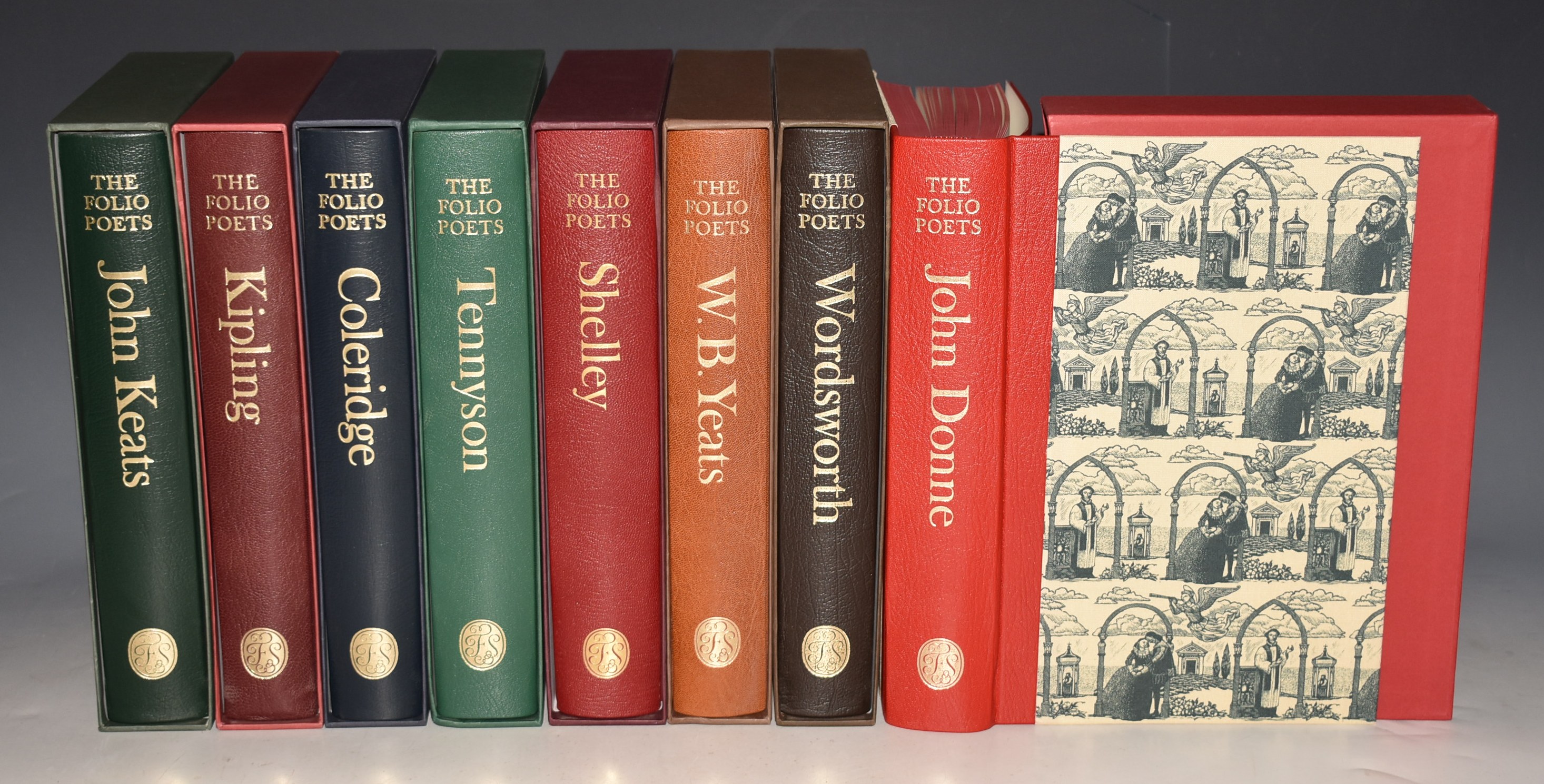 The Folio Poets. COMPLETE IN 8 VOLUMES John Donne: The Complete English Poems; John Keats: The Complete Poems; Rudyard Kipling: Selected Poems; Samuel Taylor Coleridge: Selected Poems; Alfred, Lord Tennyson: Selected Poems; Percey Bysshe Shelley: Selected Poems; W. B. Yeats: Collected Poems; William