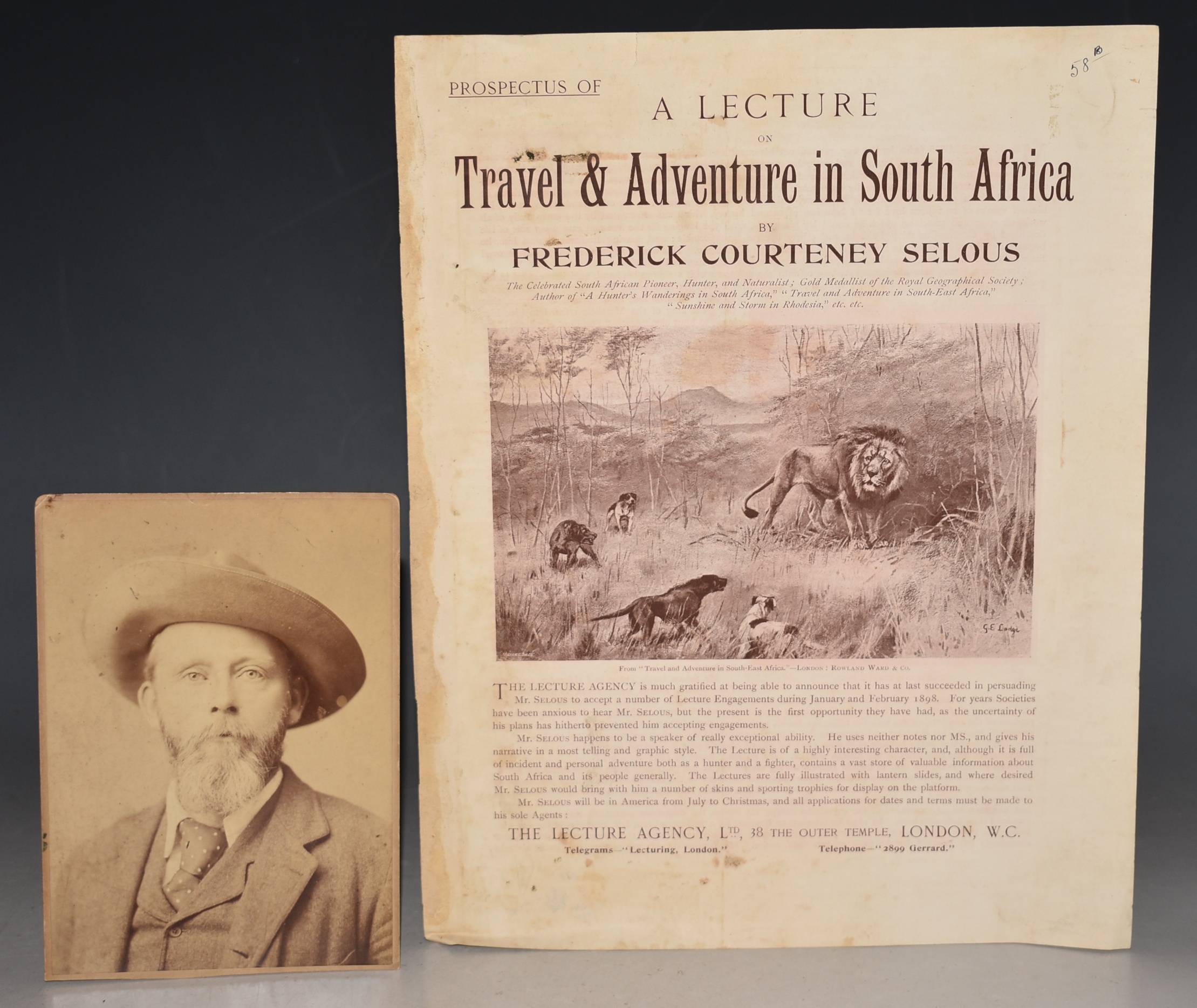 Frederick Courteney Selous Original printed Prospectus 'A Lecture on Travel & Adventure in South Africa', by Frederick Courteney Selous PLUS a cabinet-size Portrait PHOTO CARD of F.C. Selous by Elliott & Fry, with Rowland Ward & Co printed label to verso