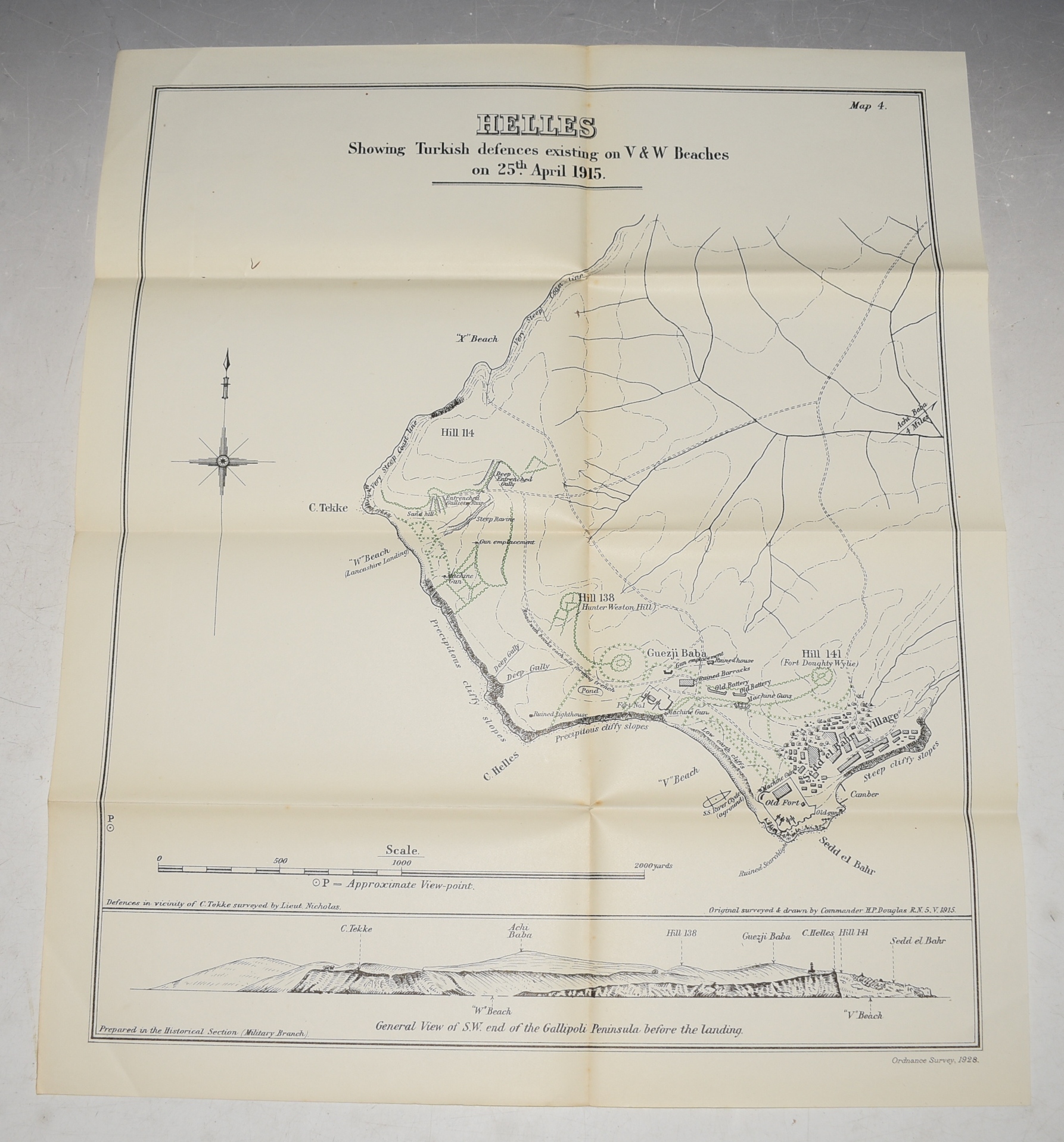 Map of Helles Showing Turkish defences existing on V & W Beaches on 25th April 1915 MAP 4