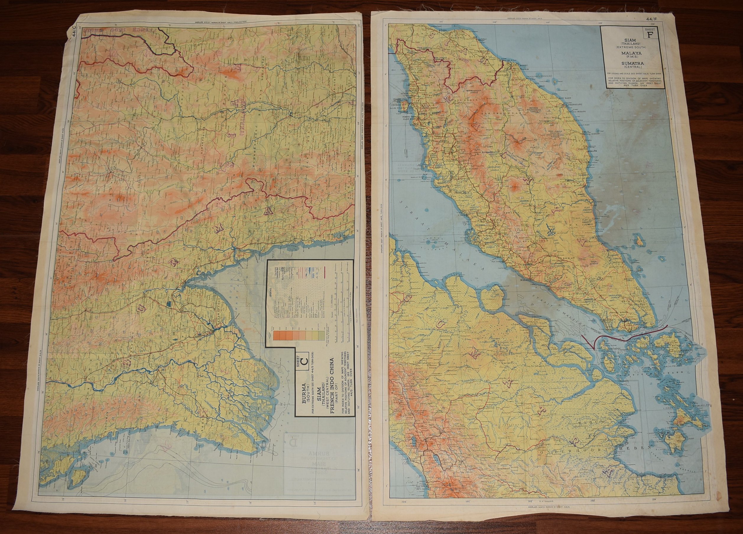 A WW2 SILK ESCAPE MAP Showing SIAM THAILAND Part of Sumatra (North) AND SIAM THAILAND Extreme South MALAYA & SUMATRA, AND BURMA Extreme South SIAM THAILAND (South) AND BURMA (South) SIAM THAILAND West Central French Indo China (Part of) 44/F Sheet F & 44/E Sheet E AND 44/C Sheet D 44/D AN OR