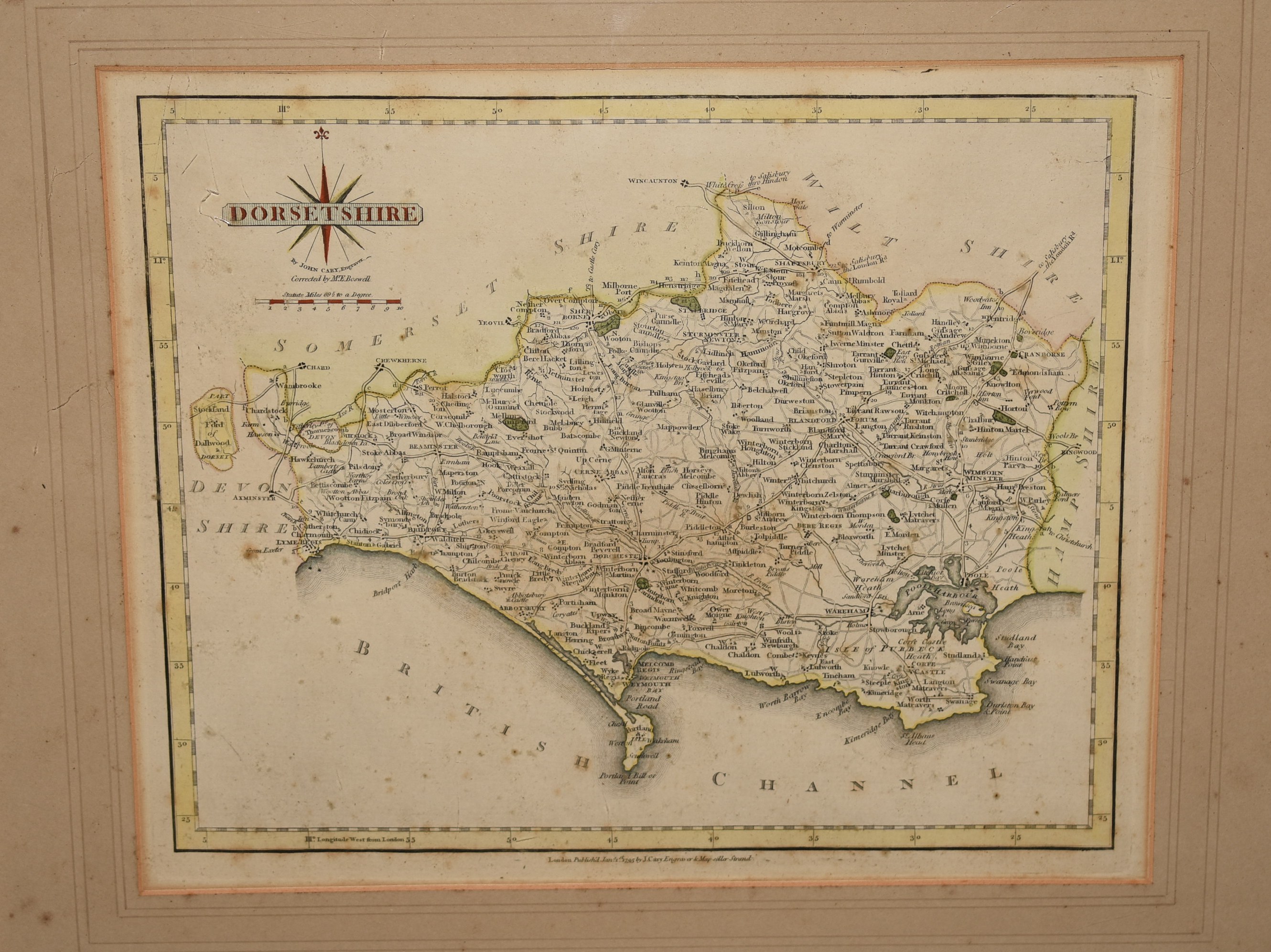 ANTIQUE ORIGINAL ENGRAVED MAP OF DORSETSHIRE. Dorset Complied by M.E. Boswell