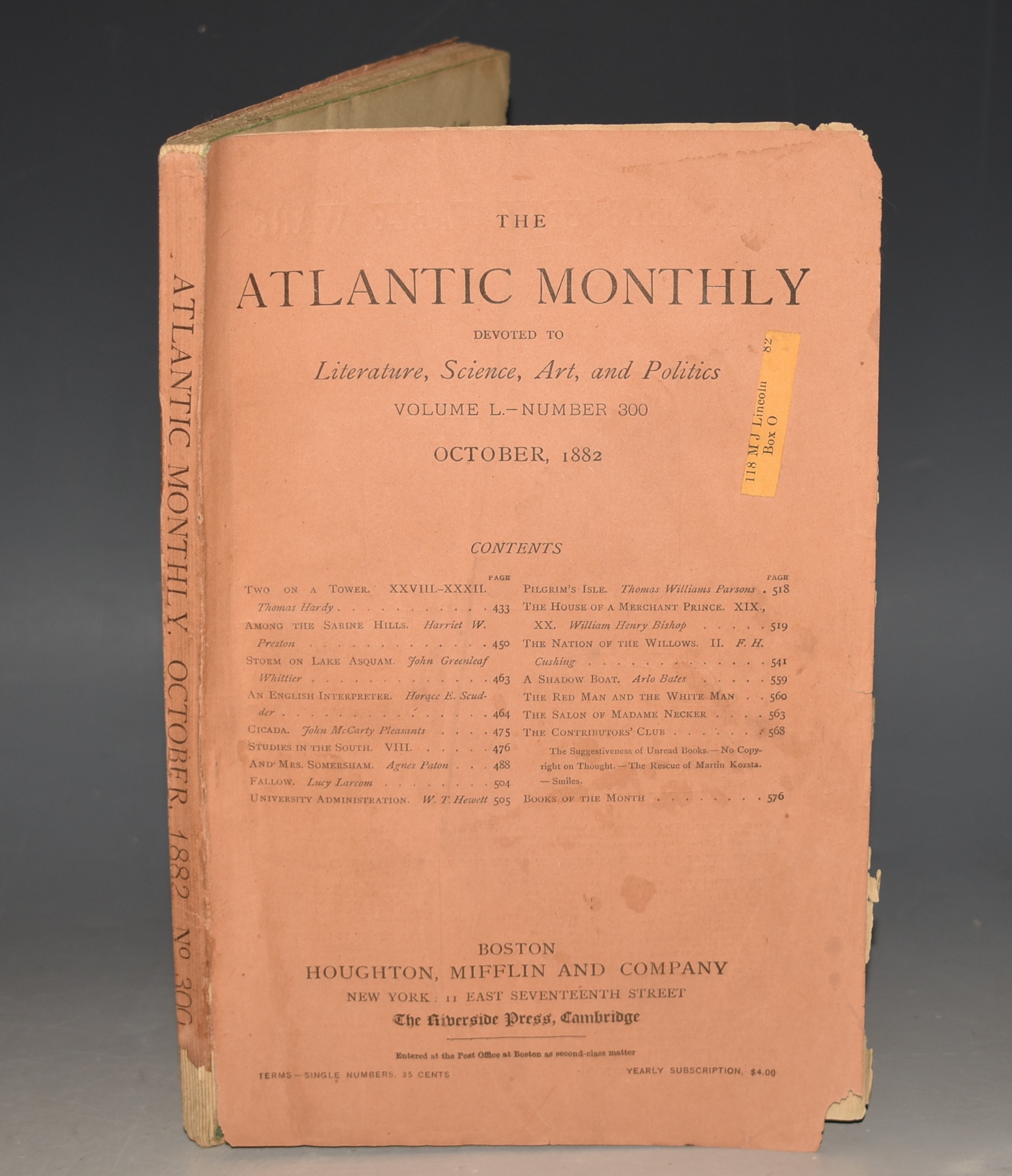 Two In A Tower. in The Atlantic Monthly. A Magazine of Literature, Science, Art & Politics. (Volume L Number 300 - Oct 1882. In 4 instalments, without illustrations).