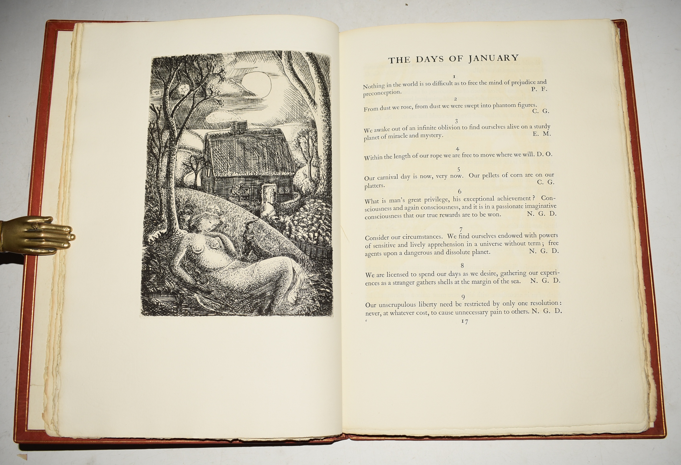 The Book of Days. Thoughts from His Philosophy. Selected by JOHN WALLIS. Printed, with an introduction by Llewelyn Powys. And Twelve Etchings by Elizabeth Corsellis. SIGNED COPY.