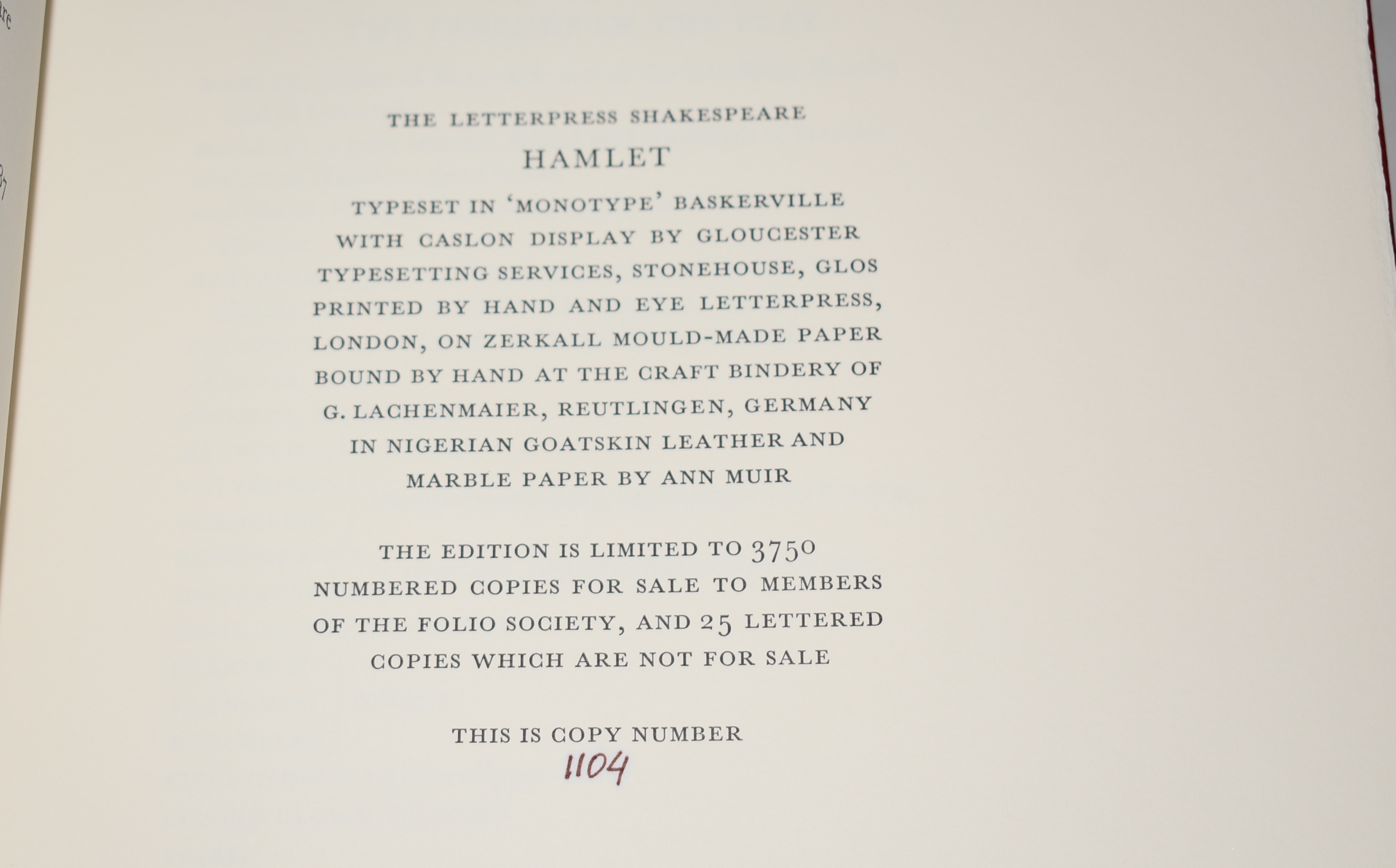 The Letterpress Shakespeare. HAMLET. 1st Limited edition Hand numbered 1104/3750. Edited by G. R. Hibbard. Limited Numbered Edition. Cased.